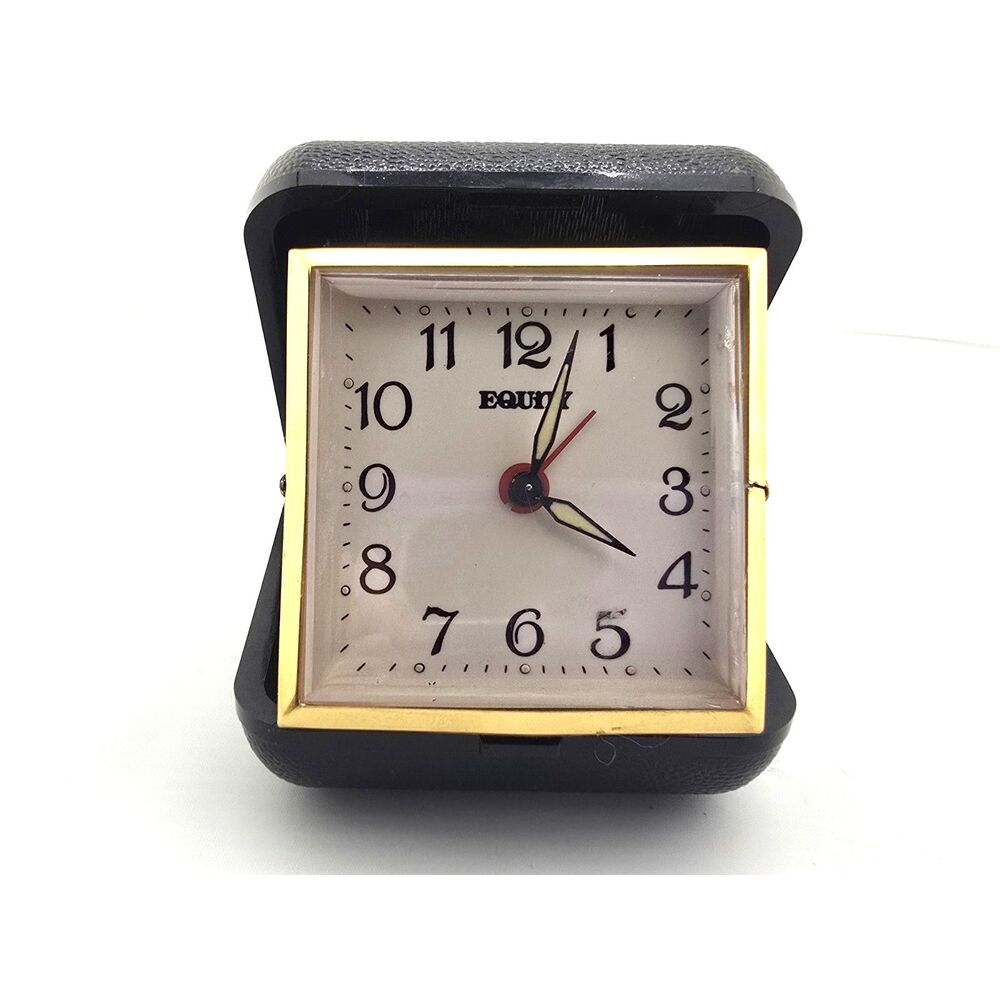 Vintage Equity Folding Travel Alarm Clock Black Gold Case Tested Working Compact